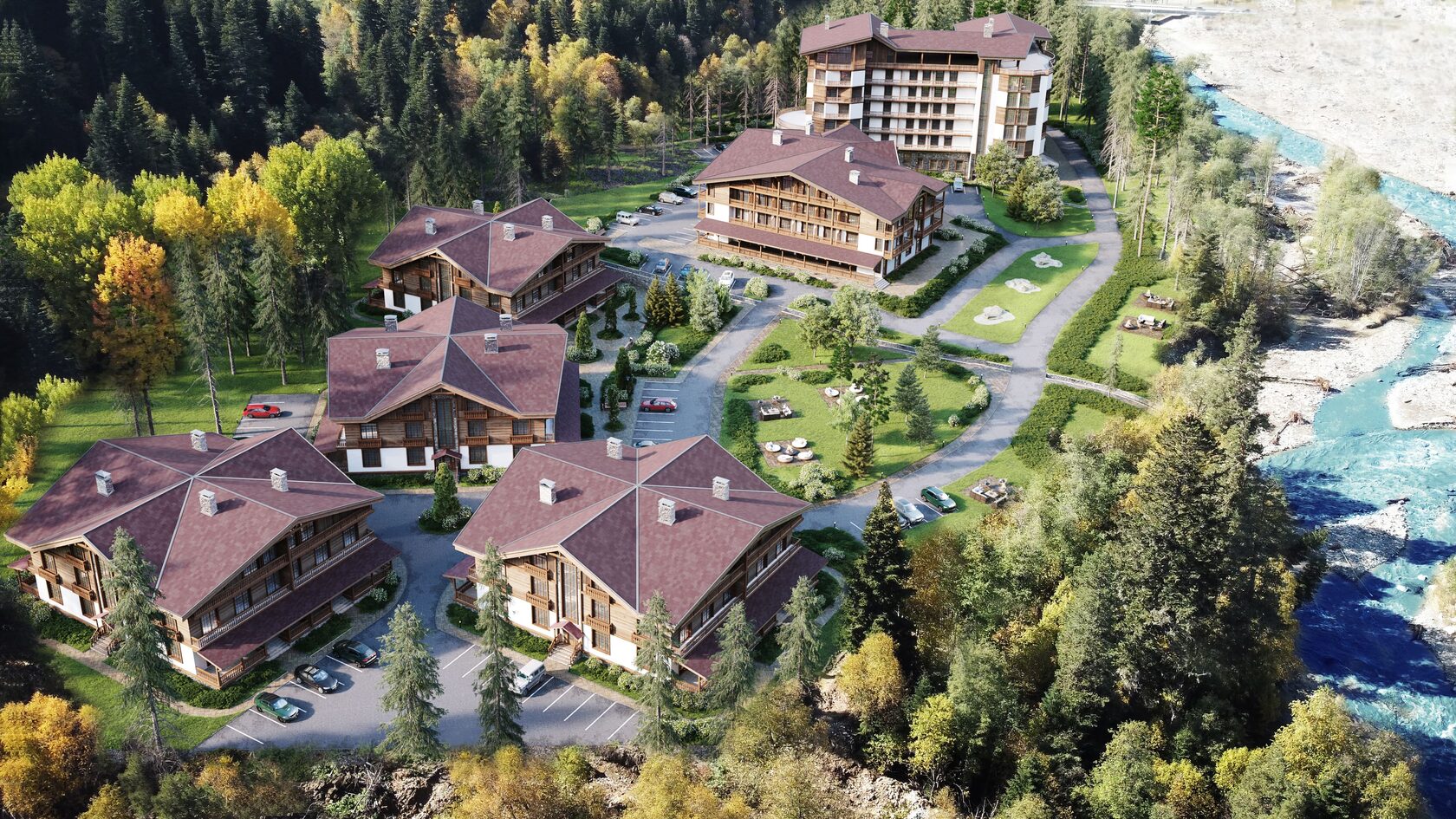 Территория Atmosfera Resort Residence у реки и леса