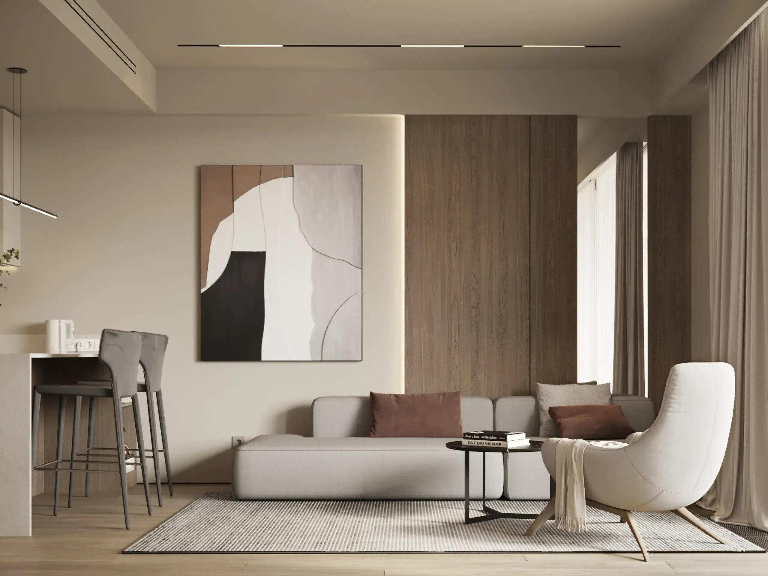 Гостиная с мягкой мебелью и панорамным светом в резиденции Sea Breeze