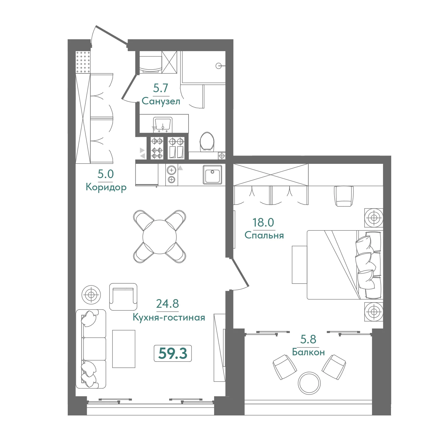 1-комнатный апартамент 59,3 м²