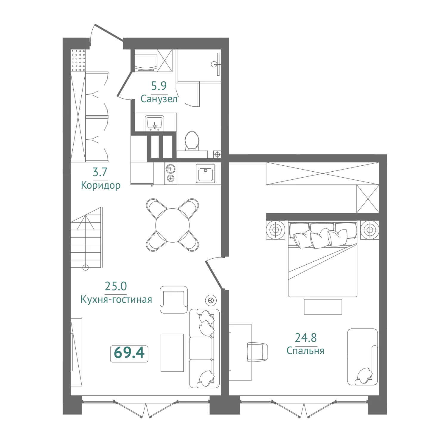 Апартамент с террасой 69,4 м²