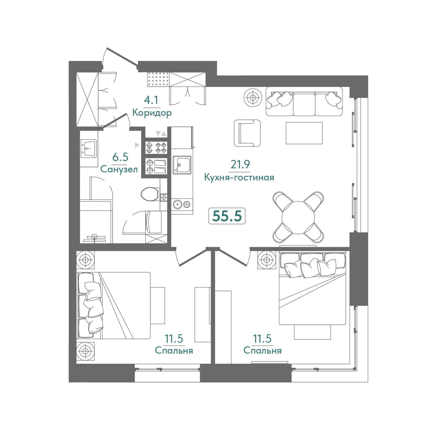 2-комнатный апартамент 55,5 м²